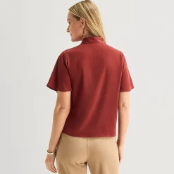 Liz Claiborne Womens Split Tie Neck Short Sleeve Blouse