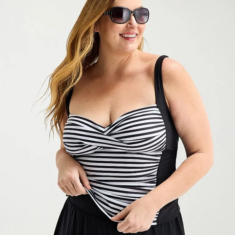Liz Claiborne Womens Striped Plus Tankini Swimsuit Top
