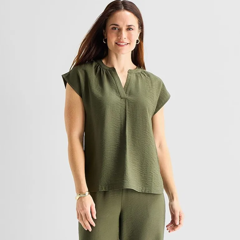 Liz Claiborne Womens Tall Split Crew Neck Short Sleeve Satin Blouse