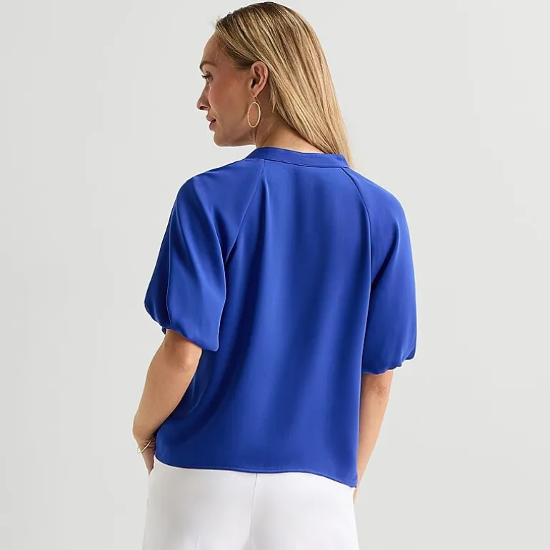 Liz Claiborne Womens Tall Split Crew Neck Short Sleeve Satin Blouse