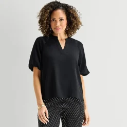 Liz Claiborne Womens Tall Split Crew Neck Short Sleeve Satin Blouse