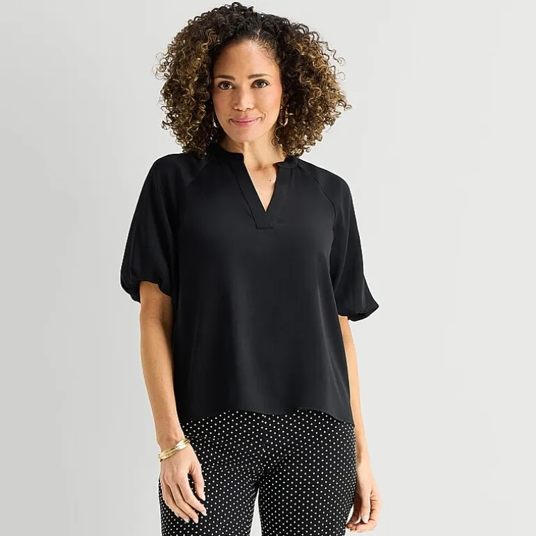 Liz Claiborne Womens Tall Split Crew Neck Short Sleeve Satin Blouse