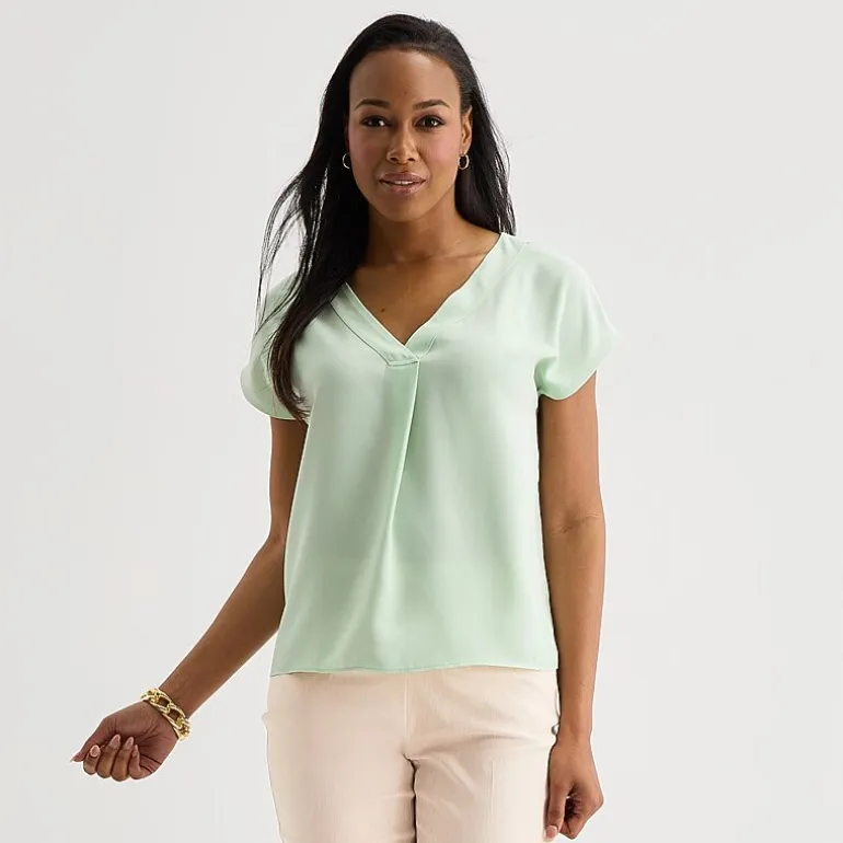 Liz Claiborne Womens Tall V Neck Short Sleeve Satin Blouse