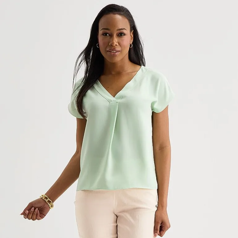 Liz Claiborne Womens V Neck Short Sleeve Satin Blouse