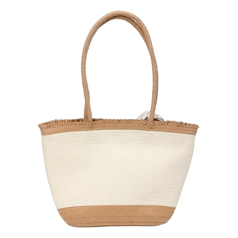 London Fog Top Ruffel Straw Tote Bag