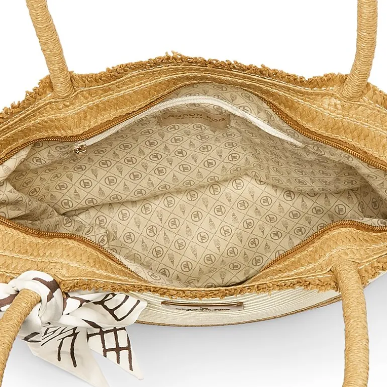 London Fog Top Ruffel Straw Tote Bag
