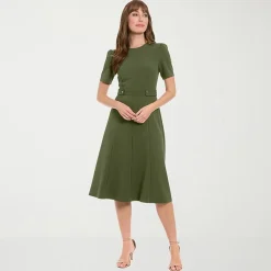 London Times Womens Midi Round Neck Short Sleeve Fitted Fit + Flare Dress