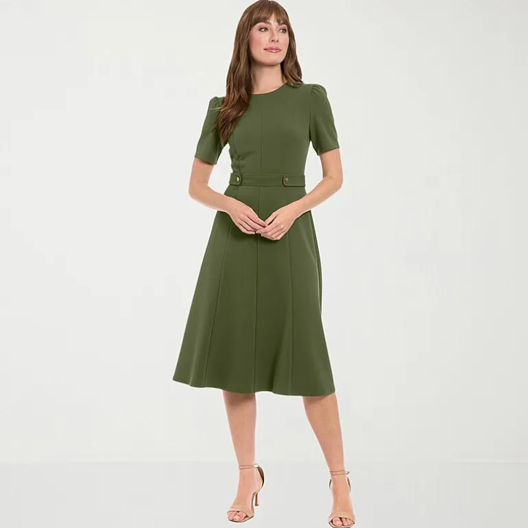 London Times Womens Midi Round Neck Short Sleeve Fitted Fit + Flare Dress