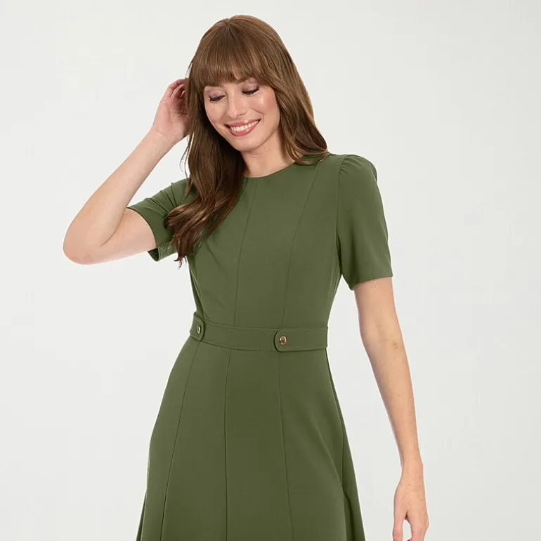 London Times Womens Midi Round Neck Short Sleeve Fitted Fit + Flare Dress