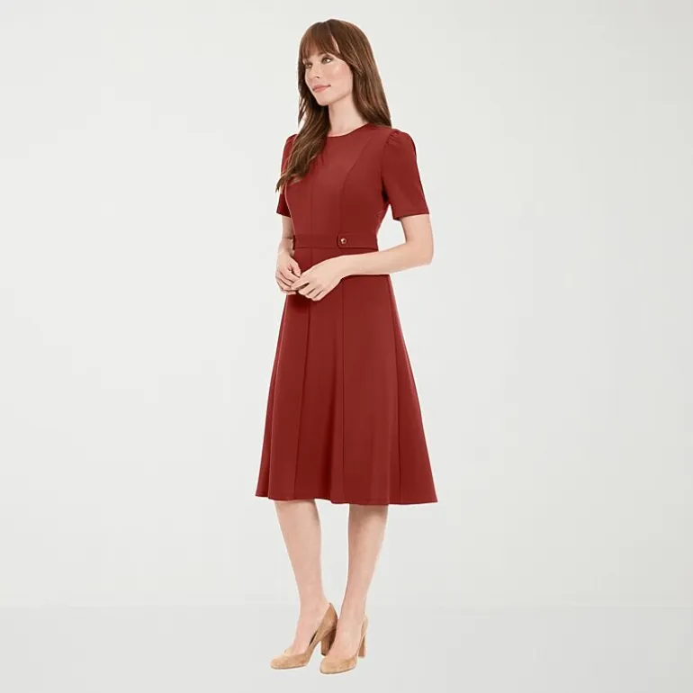 London Times Womens Midi Round Neck Short Sleeve Fitted Fit + Flare Dress