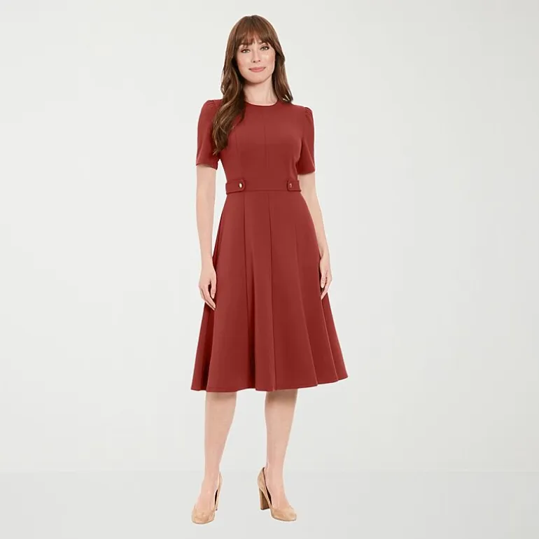 London Times Womens Midi Round Neck Short Sleeve Fitted Fit + Flare Dress
