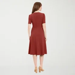 London Times Womens Midi Round Neck Short Sleeve Fitted Fit + Flare Dress