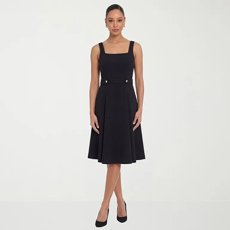 London Times Womens Petite Midi Square Neck Sleeveless Fit + Flare Dress