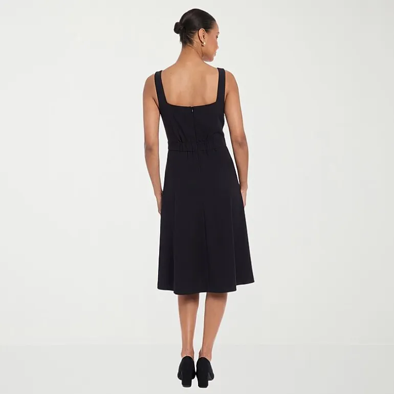 London Times Womens Petite Midi Square Neck Sleeveless Fit + Flare Dress
