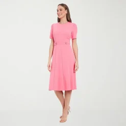 London Times Womens Petite Midi Round Neck Short Sleeve Puffed Fit + Flare Dress