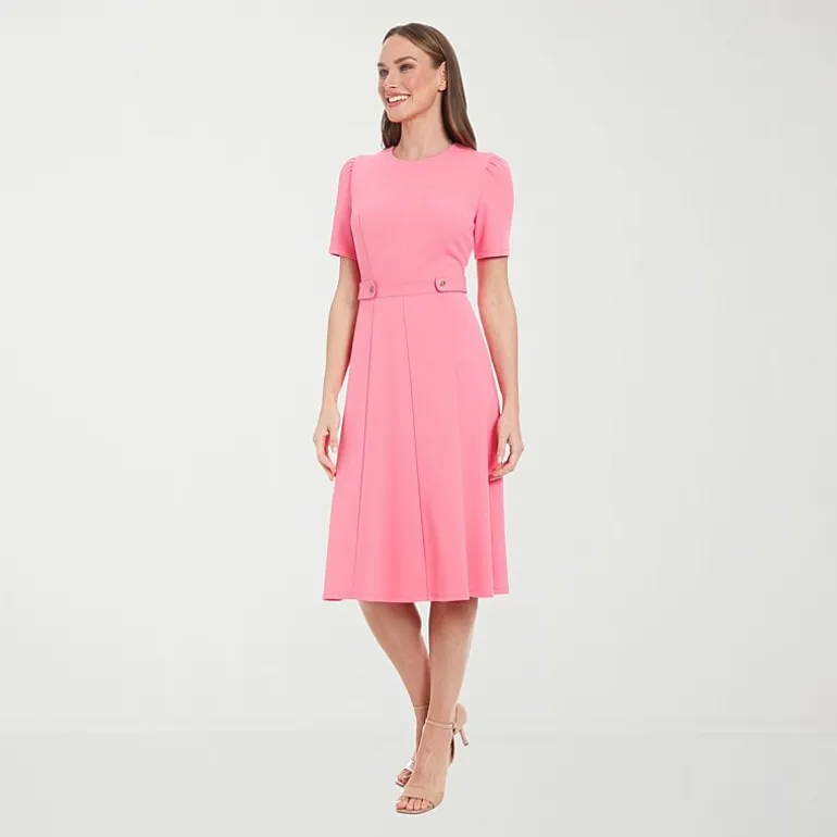 London Times Womens Petite Midi Round Neck Short Sleeve Puffed Fit + Flare Dress