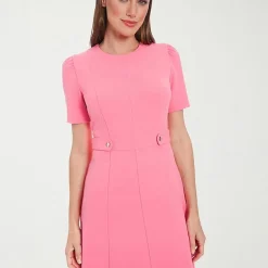 London Times Womens Petite Midi Round Neck Short Sleeve Puffed Fit + Flare Dress