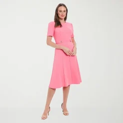 London Times Womens Petite Midi Round Neck Short Sleeve Puffed Fit + Flare Dress