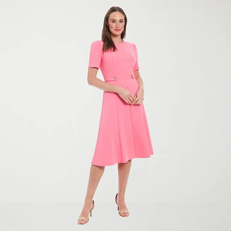 London Times Womens Petite Midi Round Neck Short Sleeve Puffed Fit + Flare Dress