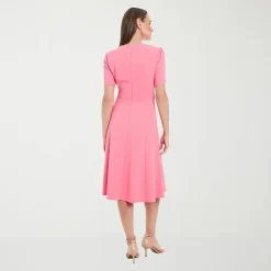 London Times Womens Petite Midi Round Neck Short Sleeve Puffed Fit + Flare Dress