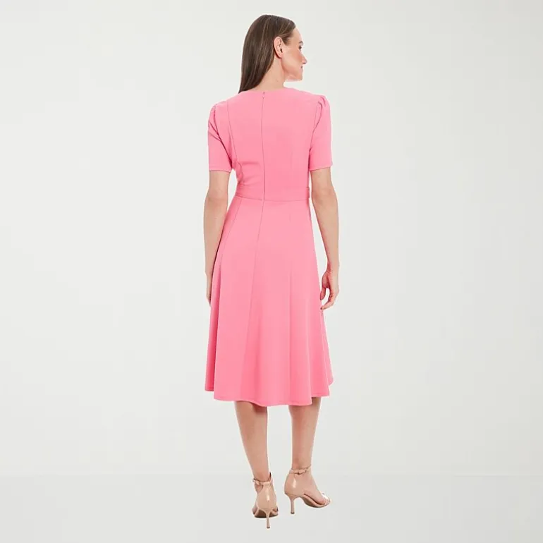 London Times Womens Petite Midi Round Neck Short Sleeve Puffed Fit + Flare Dress