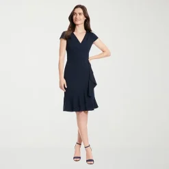 London Times Womens Petite V Neck Short Sleeve Cap Fit + Flare Dress