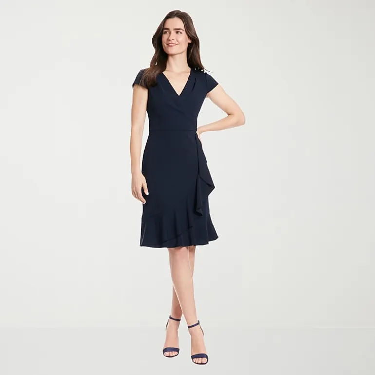 London Times Womens Petite V Neck Short Sleeve Cap Fit + Flare Dress