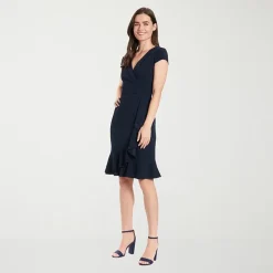London Times Womens Petite V Neck Short Sleeve Cap Fit + Flare Dress