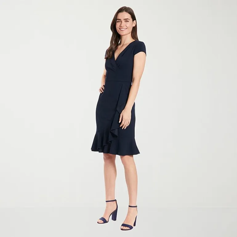 London Times Womens Petite V Neck Short Sleeve Cap Fit + Flare Dress