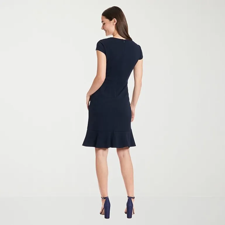 London Times Womens Petite V Neck Short Sleeve Cap Fit + Flare Dress