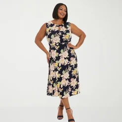 London Times Womens Plus Midi Round Neck Sleeveless Floral Fit + Flare Dress