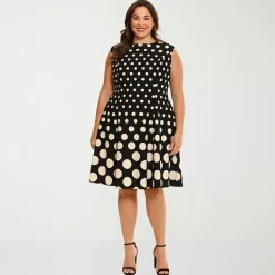 London Times Womens Plus Round Neck Sleeveless Cap Polka Dot Fit + Flare Dress