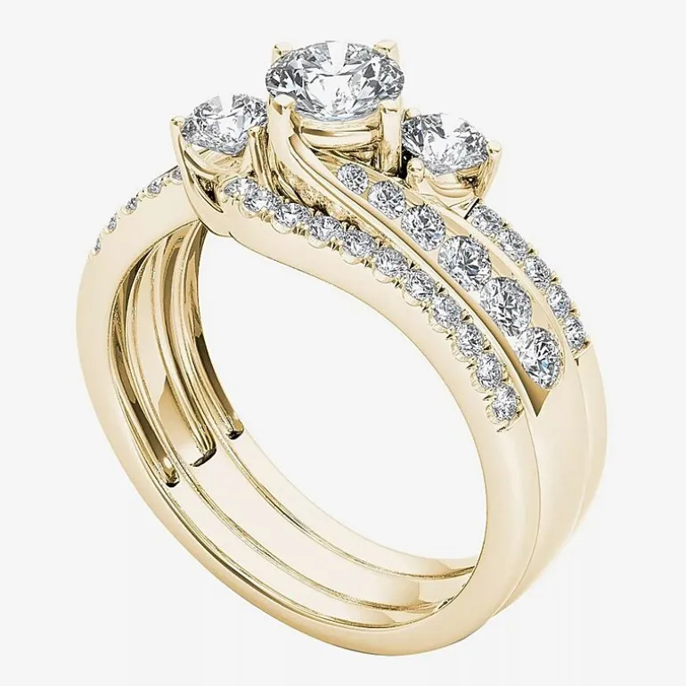 Love Lives Forever Womens 1 1/4 CT. T.W. Natural White Diamond 14K Gold Round 3-Stone Bypass Bridal Set
