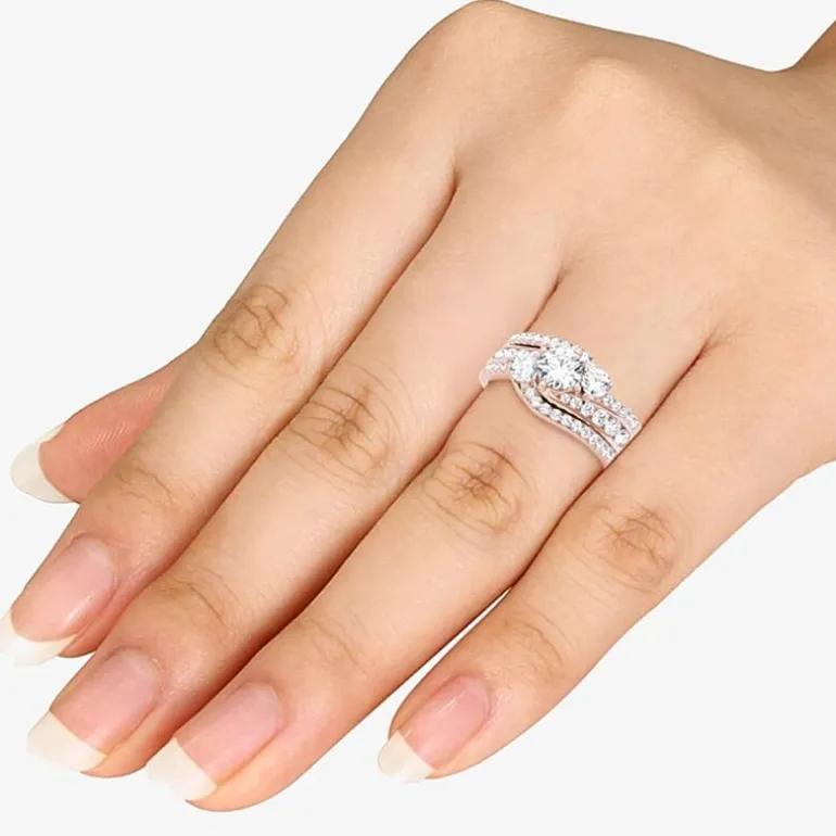 Love Lives Forever Womens 1 1/4 CT. T.W. Natural White Diamond 14K Gold Round 3-Stone Bypass Bridal Set