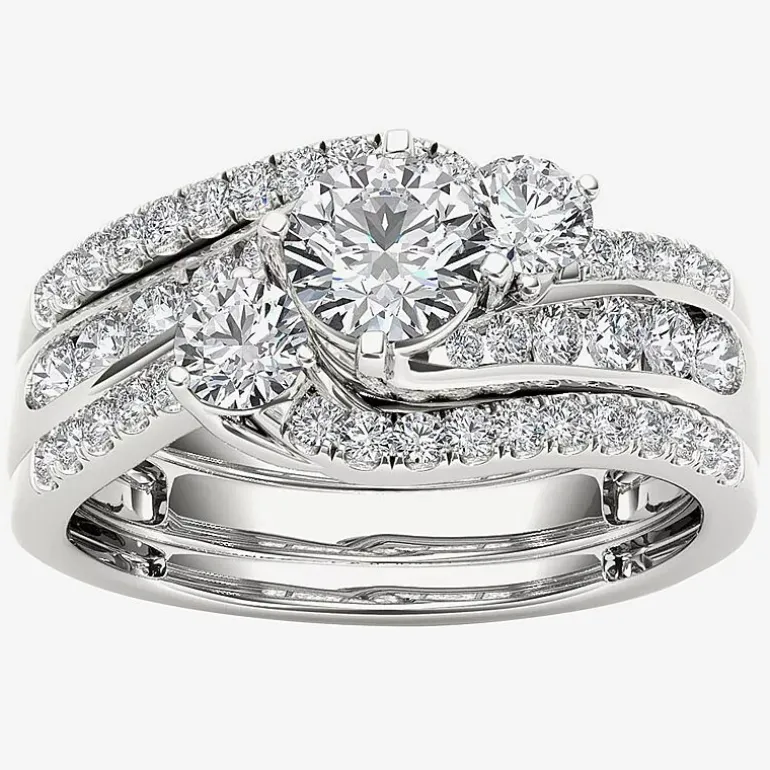 Love Lives Forever Womens 1 1/4 CT. T.W. Natural White Diamond 14K Gold Round 3-Stone Bypass Bridal Set