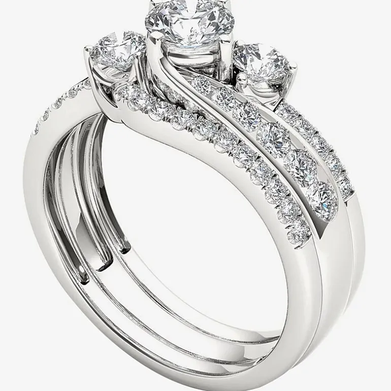 Love Lives Forever Womens 1 1/4 CT. T.W. Natural White Diamond 14K Gold Round 3-Stone Bypass Bridal Set