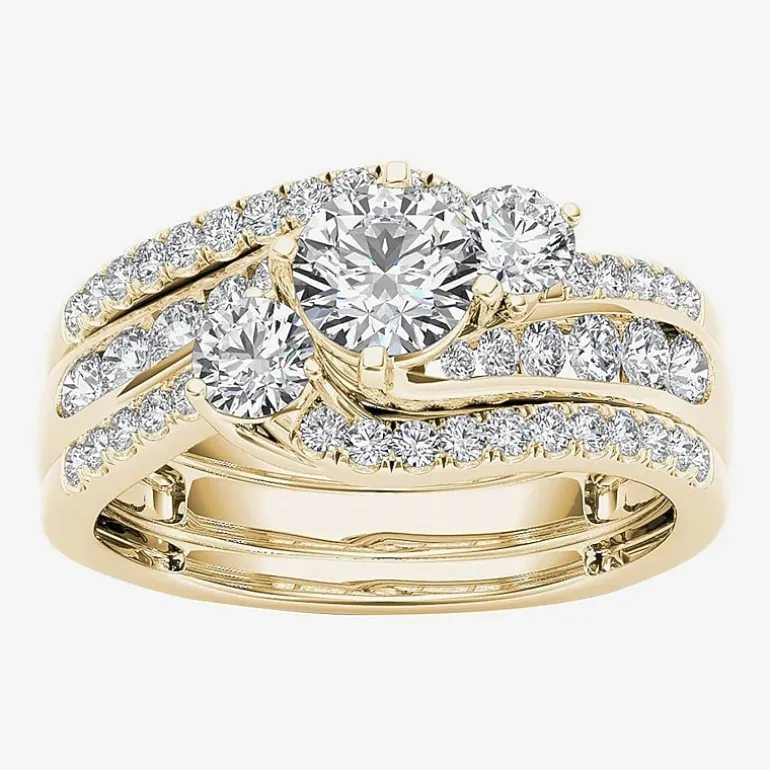 Love Lives Forever Womens 1 1/4 CT. T.W. Natural White Diamond 14K Gold Round 3-Stone Bypass Bridal Set