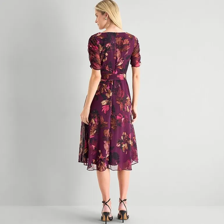 Marc New York Womens Midi V Neck Short Sleeve Ruched Sleeve Floral Fit + Flare Dress