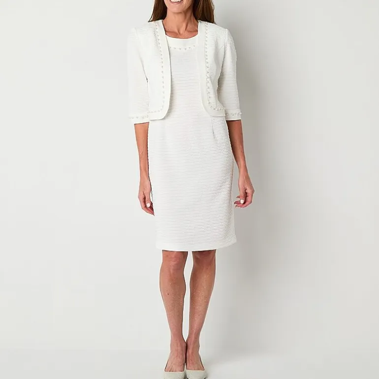Maya Brooke Womens Pearl Trim Jacket Dress