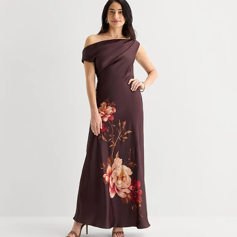 Melonie T Womens Asymmetrical Neck Sleeveless One Shoulder Floral Evening Gown