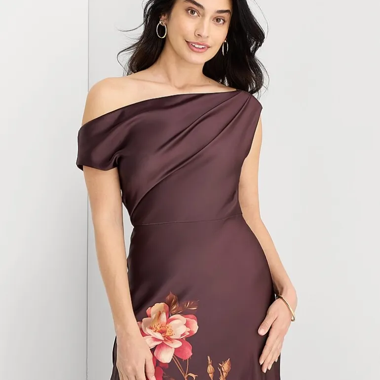 Melonie T Womens Asymmetrical Neck Sleeveless One Shoulder Floral Evening Gown