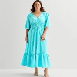 Melonie T Womens Plus Midi V Neck Short Sleeve Puffed Fit + Flare Dress