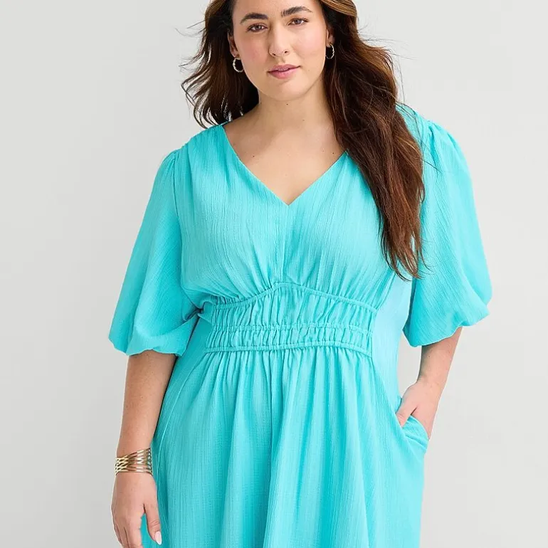 Melonie T Womens Plus Midi V Neck Short Sleeve Puffed Fit + Flare Dress