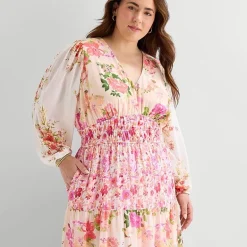 Melonie T Womens Plus V Neck Long Sleeve Balloon Maxi Dress
