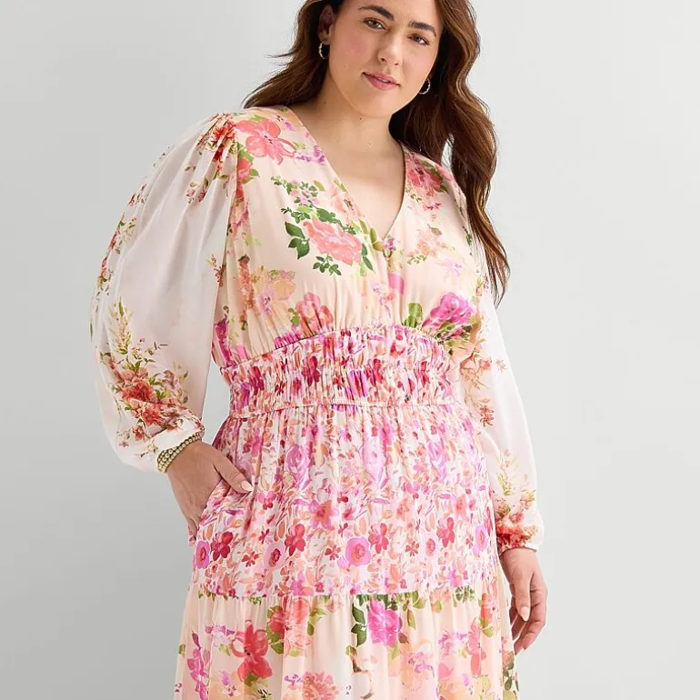 Melonie T Womens Plus V Neck Long Sleeve Balloon Maxi Dress