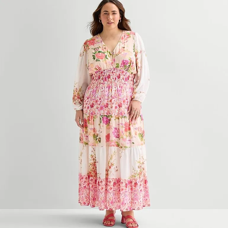Melonie T Womens Plus V Neck Long Sleeve Balloon Maxi Dress