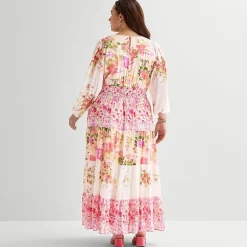 Melonie T Womens Plus V Neck Long Sleeve Balloon Maxi Dress