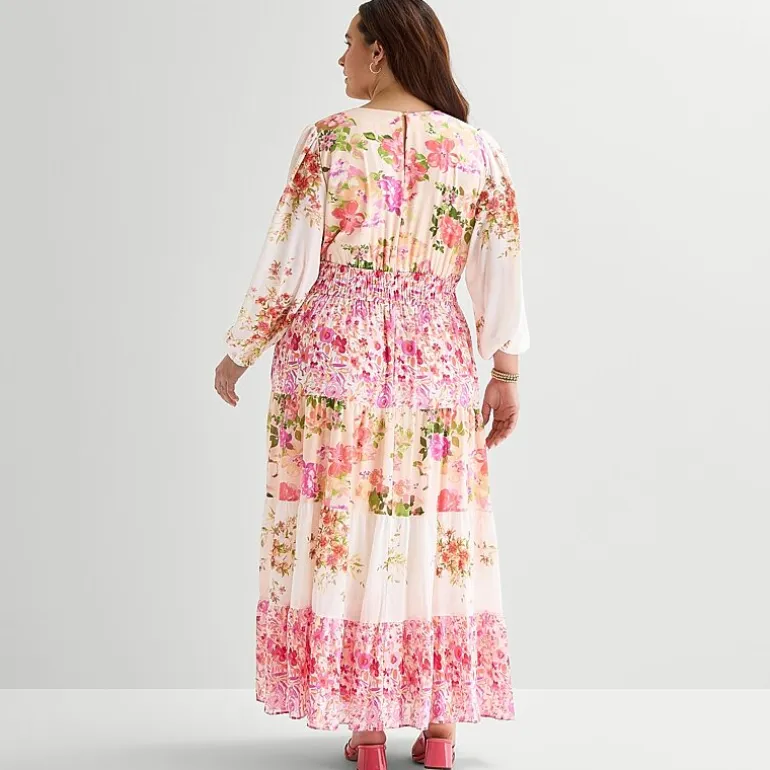 Melonie T Womens Plus V Neck Long Sleeve Balloon Maxi Dress