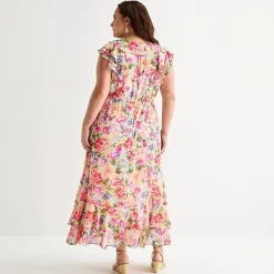 Melonie T Womens Plus V Neck Sleeveless Ruffled Maxi Dress