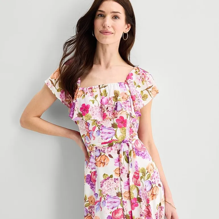 Melonie T Womens Square Neck Short Sleeve Ruffled Maxi Dress